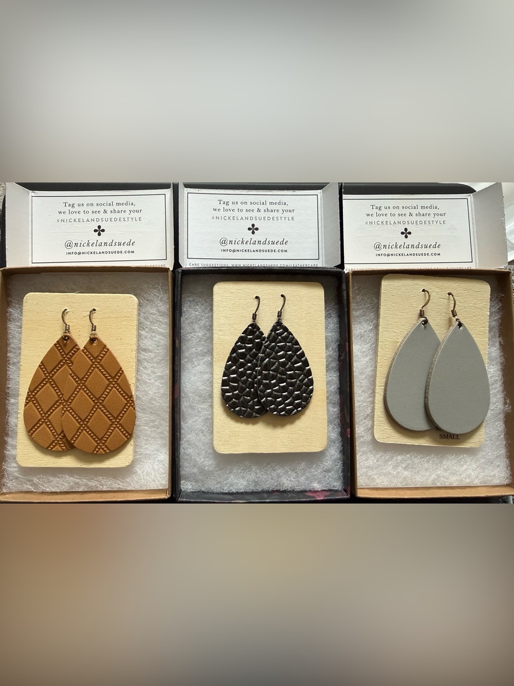 Nickel and Suede Teardrop Earrings - Camel, Charcoal, Gray